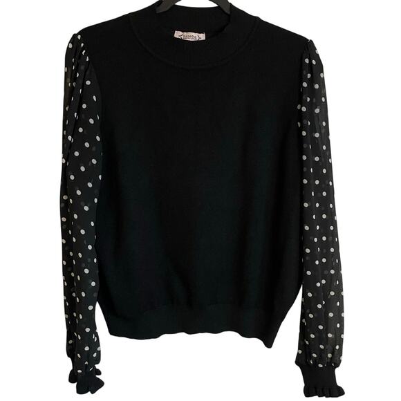 Nanette Lepore Mock Neck Sweater Sz L Polka Dot Sleeves Black White Shabby Chic - Picture 1 of 10